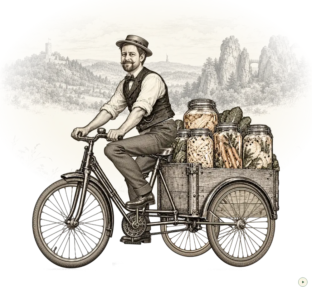 Ein Lieferfahrer tritt in die Pedale seines mit Fermentgläsern beladenen Lastenrads. Im Hintergrund eine ostwestfälische Landschaft.